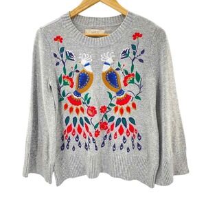 Ann Taylor LOFT Sweater Womens XS‎ Gray Embroidered Bird Floral Wool Blend